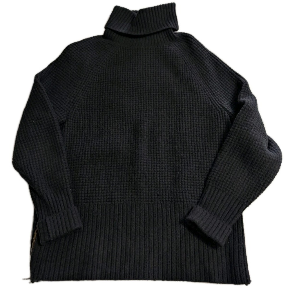 LL Bean Womens Waffle‎ Knit Turtleneck Sweater Side Zip Hem Black M